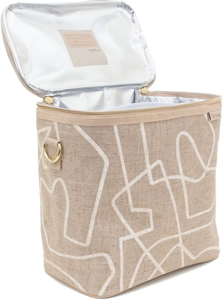 SoYoung Lunch Poche - Insulated Lunch Bag for Work, Travel & Picnic, Linen/Cotton, Machine Washable, Detachable Strap - White Abstract Lines - Image 3